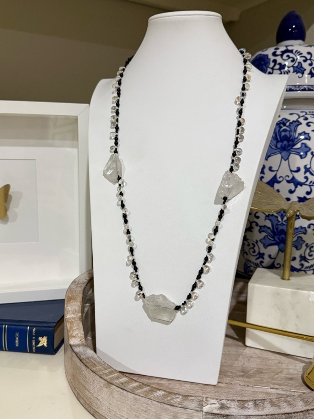 Long Black Beaded Necklace With Rock Crystal and Iridescent Beading